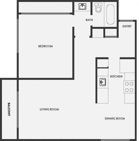 Floor plan for 1 bed, 1 bath, 709 sqft